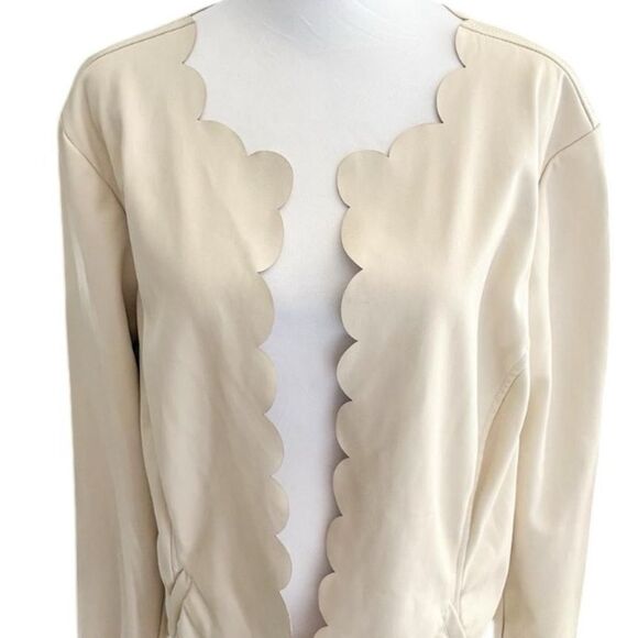 Cream Faux Leather Jacket Chic Cream Scalloped Open Blazer Soft Girl Coquette - Picture 5 of 14